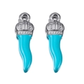 Sky blue enamel Italian horn pendant with silver crown cap and hanging loop - Blue-Steel