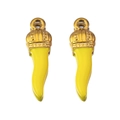 Pair of yellow Corno pendants with golden crown tops for DIY jewelry and charms - Yellow-Gold