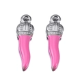 Pink enamel Italian cornicello charm pendants with silver crown cap and hanging loop - Hot Pink-Steel