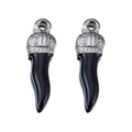 Pair of black cornicello chili pendants with ornate silver crown-shaped caps for DIY jewelry - Black-Steel