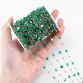 Deep green faceted crystal beads on golden chain DIY jewelry finding on white reel - 5.5mm Flat Round Bead Chain-Gold-Transparent Green