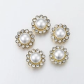 Five golden sunflower buttons with white faux pearls and clear rhinestones for DIY jewelry - 12mm (50 Pcs/Pack) / White