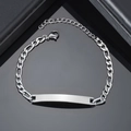 Sleek silver stainless steel Figaro chain bracelet with a polished engravable rectangular bar - Steel NK Chain