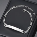 Silver stainless steel curb chain bracelet with a polished rectangular ID tag and lobster clasp - Steel Curb Chain