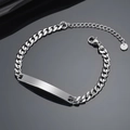 Polished silver stainless steel NK Cuban chain bracelet with rectangular ID plate - Steel Cuban Chain
