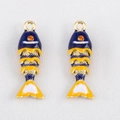 Golden fish charms with blue and yellow enamel inlay and orange crystal eyes - Dark Blue Small Fish