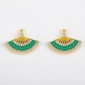 Golden fan-shaped alloy pendant set with green enamel and micro-pave crystals - Gold Trim Green Fan