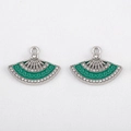 Silver alloy fan pendant with emerald green enamel and sparkling white zircons - Silver Trim Green Fan