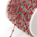 DIY stainless steel ball chain with red enamel beads wound on a white spool - Steel Red