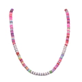 Bohemian multicolored Heishi bead necklace with golden spacers on a clean white background - Colorful