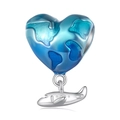 Abalorio corazón tierra de esmalte azul con colgante de avión en plata de ley - Tierra Corazón Con Avión(SCC2481)