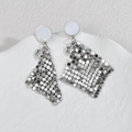 Elegant silver sequin fringe tassel earrings with geometric stars and pearl stud detail - Silver (E1094-01)