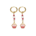 Pink cupcake enamel pendant earrings with gold hoops and elegant red beads on white backdrop - Pink Cupcake