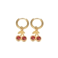 Elegant cherry pendant hoop earrings with red crystal gems and golden metal finish - Rhinestone Cherry Hoops