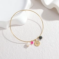 18k gold plated stainless steel bangle with pearl, crystal, and star pendant charms - Pink and Green Bead Coin Style (OLBB1227-meilv)