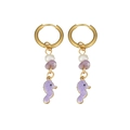 Créoles dorées avec pendentif hippocampe violet, perle et pierre de cristal taillée - Hippocampe Violet