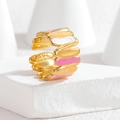 Bague ouverte irrégulière en acier inoxydable plaqué or 18 carats avec émail coloré - Style Ouvert à Vagues Empilées / Rose et Blanc (OLBR879-fen)