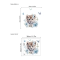 Adesivo murale tigre con fiori blu che mostra l'effetto applicato e le dimensioni - 30x30cm (1 Foglio)