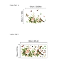 Detail view showing dimensions and layout of green floral bird wall stickers for home decor - Natural Flower Bird Butterfly / Flat Layout Display