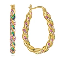 Détail de créoles en argent S925 avec pierres de zircon colorées et design torsadé doré - Gold Base With Multi-color Zirconia