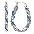 Twisted S925 sterling silver hoop earrings with pave-set dark blue zircon gemstones - Silver Base With Blue Zirconia / Silver