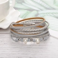 Detail of multi-layer handmade leather bracelet with white rhinestones and magnetic clasp - Gray