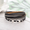 Multilayer leather wrap bracelet with sparkling rhinestones and white pearls - Black