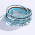 Sky blue multilayer braided leather bracelet with pearls, rhinestones and magnetic clasp - Lake Blue