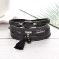 Vintage multilayer black leather bracelet with oval onyx stone and tassel detail - Black
