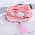 Pink multi-layer braided leather bracelet with natural stone and fringe tassel - Pink