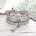 Multilayer grey leather bracelet with oval stone, tassel, and magnetic metal clasp - Gray