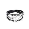 Detail of multi-layer black leather wrap bracelet with silver rhinestone heart buckle - Black