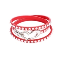 Detail of red leather multi-layer wrap bracelet with crystal rhinestones and heart clasp - Red