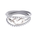 Detail of multi-layer grey leather wrap bracelet with crystal studs and silver heart clasp - Gray