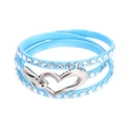 Detail of light blue leather wrap bracelet with crystal inlay and silver heart clasp - Lake Blue