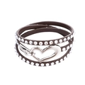 Detail view of multi-layer leather wrap bracelet with crystal rhinestones and heart clasp - Coffee