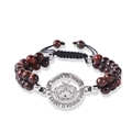 Detail of beaded teacher bracelet with apple pendant and engraved quote on silver disk - Red Tiger Eye