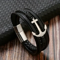 Detalle de la pulsera multicapa de cuero negro para hombre con ancla y cierre magnético - Negro (Ancla Plateada)