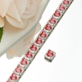 Detail of Italian modular stainless steel bracelet with pink paw print heart charms - Paw Print Heart Style (HA-29)