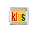 Detailed close-up of Italian charm stainless steel link with colorful kiss lettering - KISS Letter Pattern (HA-95)