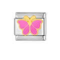 Close-up of Italian charm link with pink gold butterfly motif on stainless steel base - Pink Butterfly Shape Style (HA-96)
