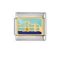 Italian charm bead in stainless steel with golden bridge landscape in blue enamel - San Francisco Golden Gate Bridge (HA-97)