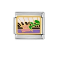 Macro view of Italian charm link with colorful landscape enamel inlay and gold border - Abstract Scenery Style (HA-98)