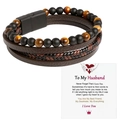 Bracelet multicouche en cuir pour homme avec perles oeil de tigre et carte cadeau - 19cm / Café + Œil de Tigre