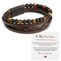 Bracelet multicouche en cuir et perles d'oeil de tigre avec carte de message - 23cm / Café + Œil de Tigre