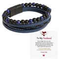 Bracelet multicouche pour homme avec perles bleues et cuir noir avec carte cadeau - 19cm / Bleu Foncé Avec Lapis-Lazuli