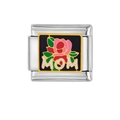 Italienisches Charm-Glied mit rosa Rose und MOM-Schriftzug auf poliertem Edelstahl - Schwarze MOM Rose Stil (HA-116)