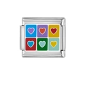 Detail of Italian charm link in stainless steel with multi-color enamel heart patterns - Six-Grid Colorful Heart Style (HA-128)