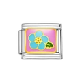 Detailansicht eines Edelstahl-Glieds mit blauer Blume auf rosa Emaille-Hintergrund für Armbänder - Rosa Basis Blaue Blume Stil (HA-149)