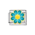 Makroaufnahme eines blauen Gänseblümchen-Charm-Glieds aus poliertem Edelstahl - Blaue Gänseblümchen Stil (HA-152)